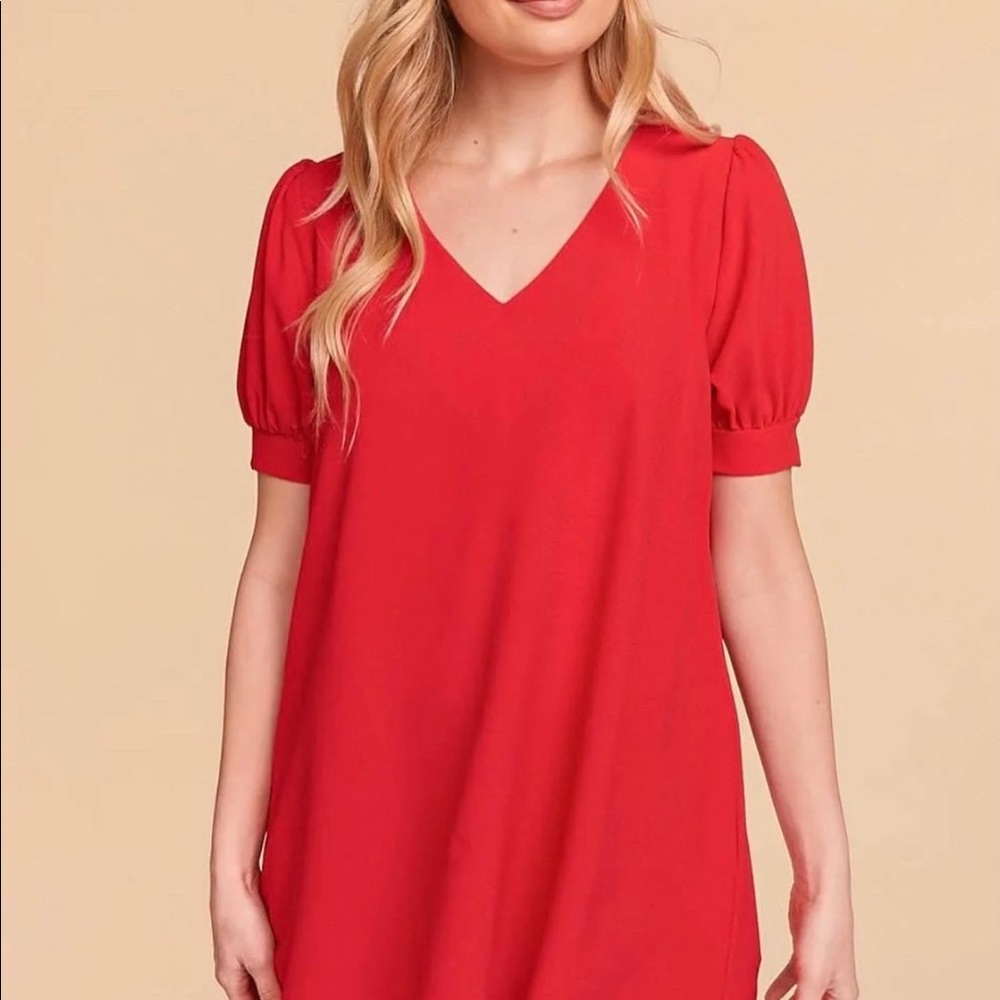 Red puff sleeve crepe woven pocketed dress